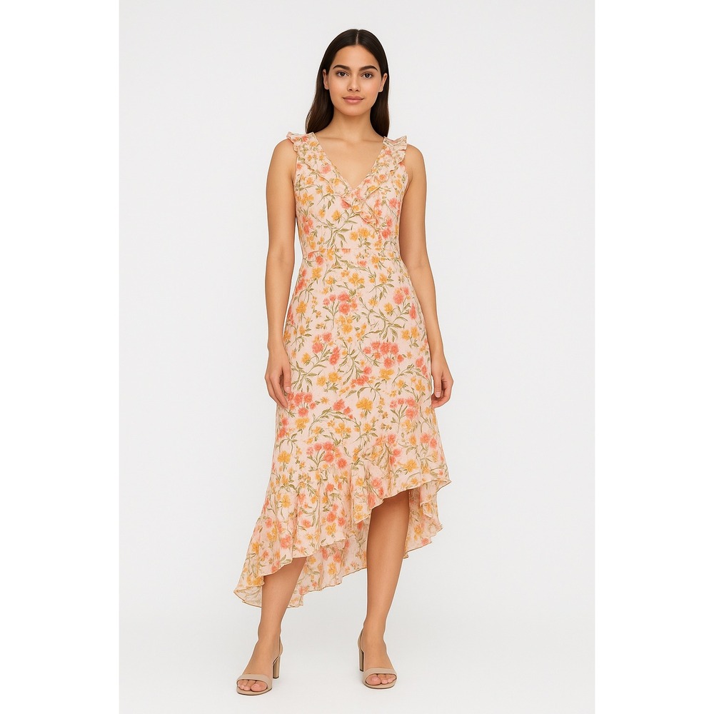 Liz Claiborne Sz 4 Y2k Fairycore Romantic Whimsical Floral 100% Silk‎ Midi Dress